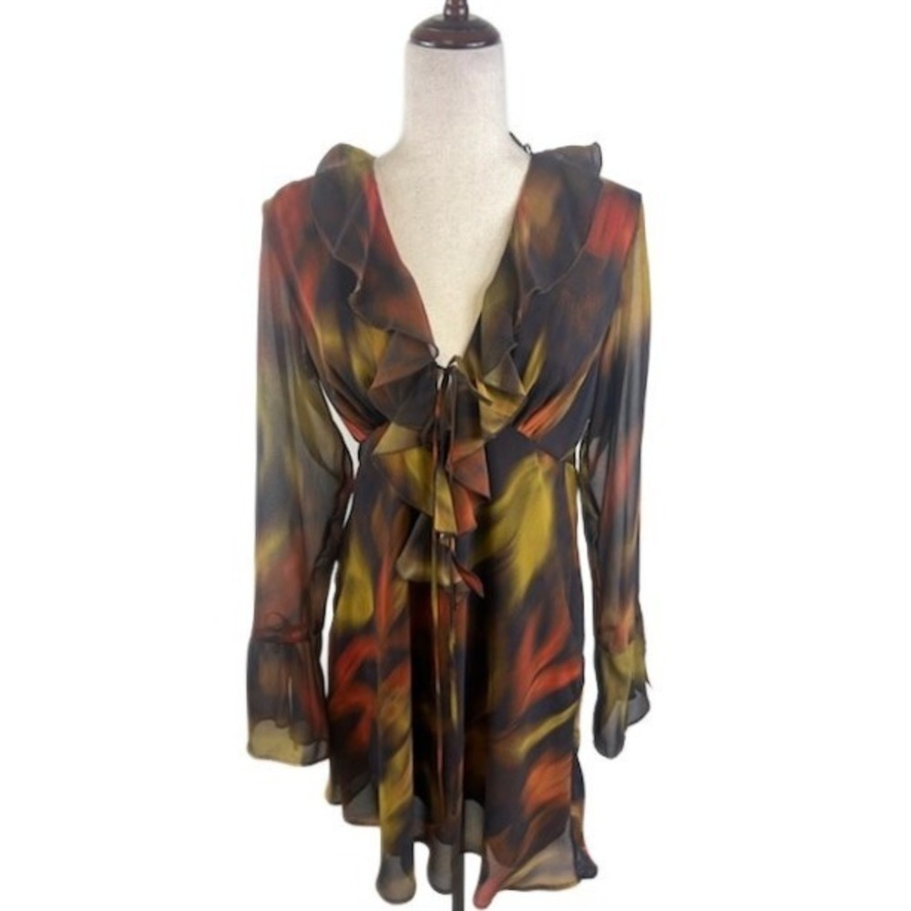 Ruffled V-Neck Long Sleeve Dress in Multicolor